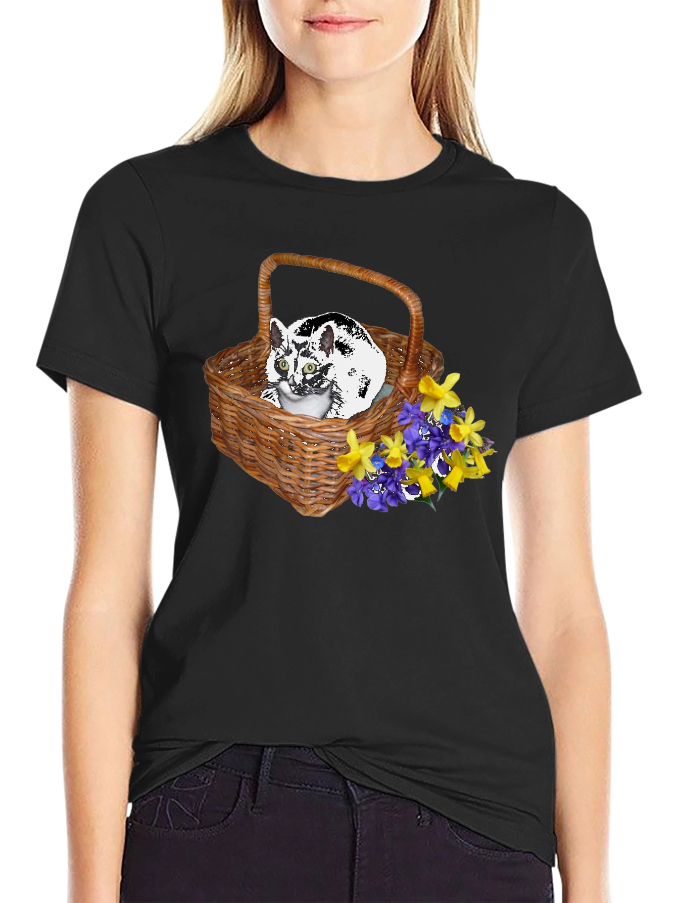 Cat in Basket Tee - Floral Accent
