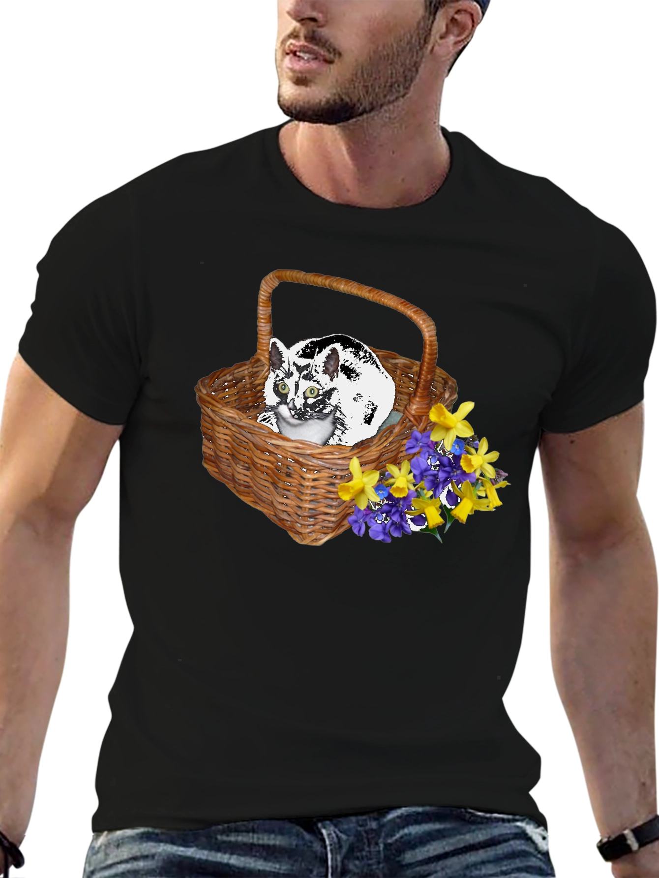 Cat in Basket Tee - Floral Accent