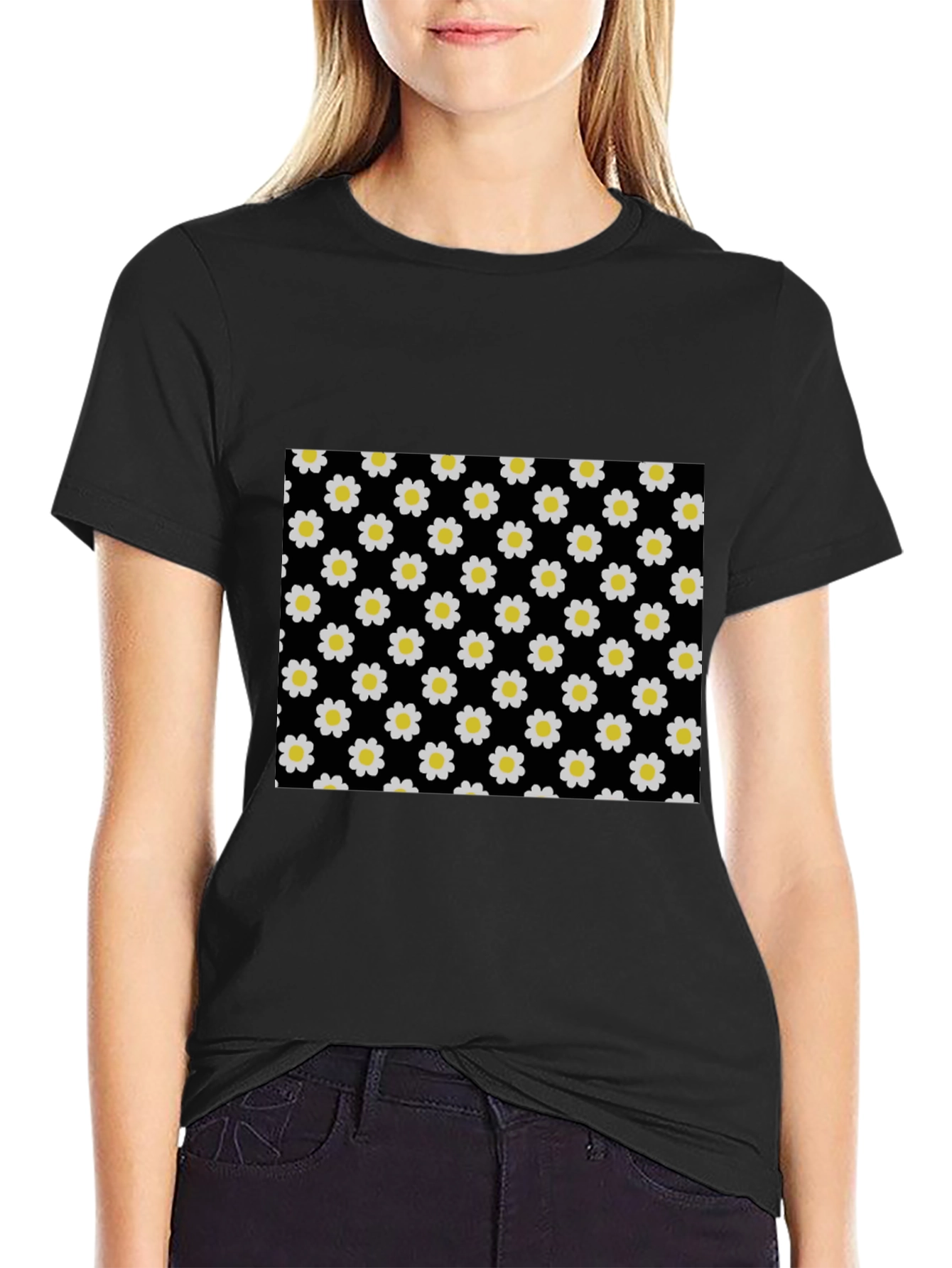 Black Daisy Pattern T-Shirt