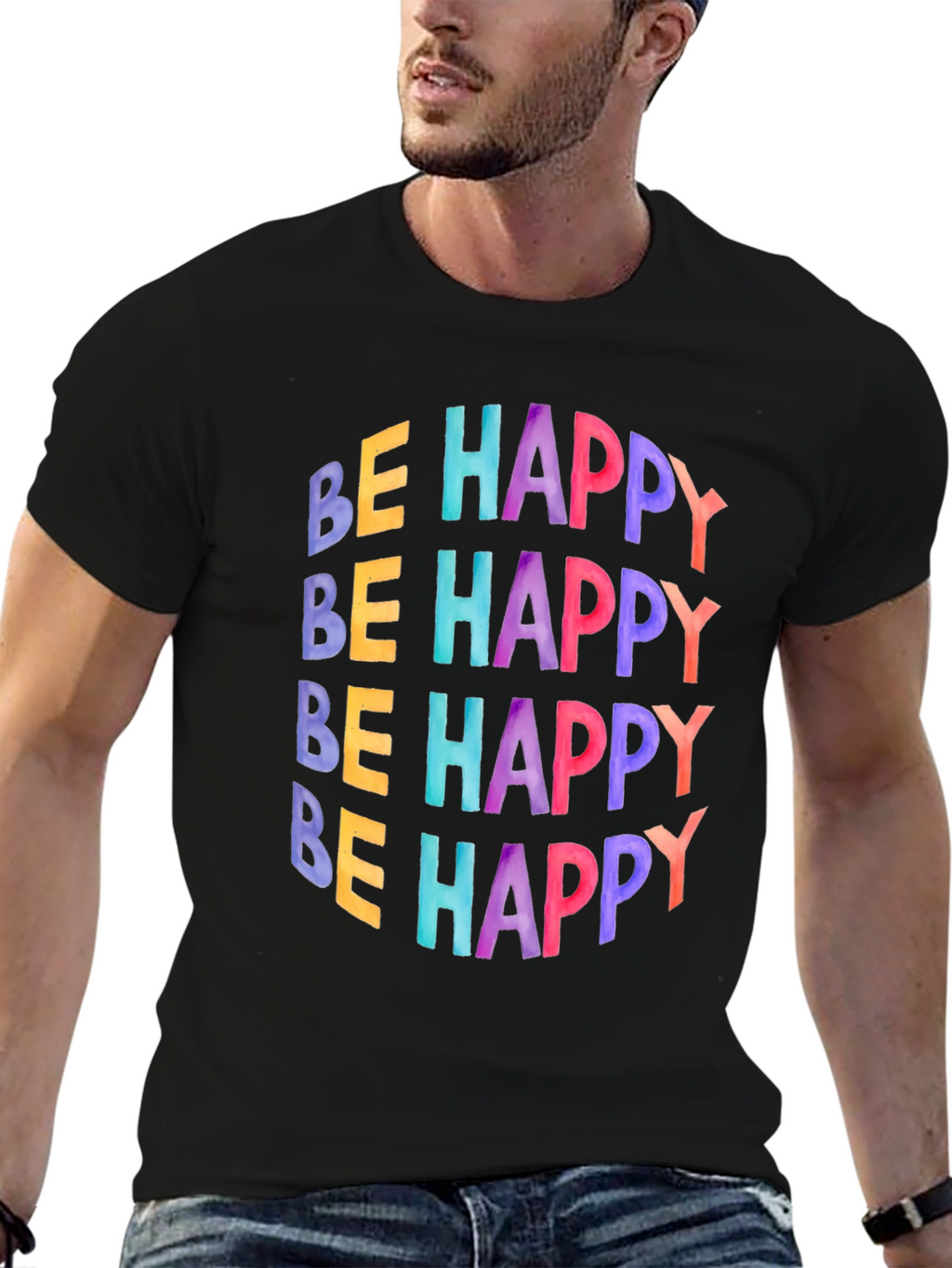 Be Happy Graphic Tee - Black Cotton T-Shirt
