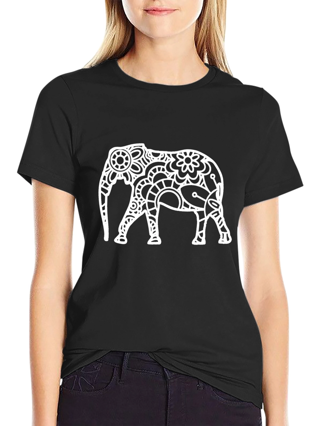 Black T-Shirt with White Elephant Design
