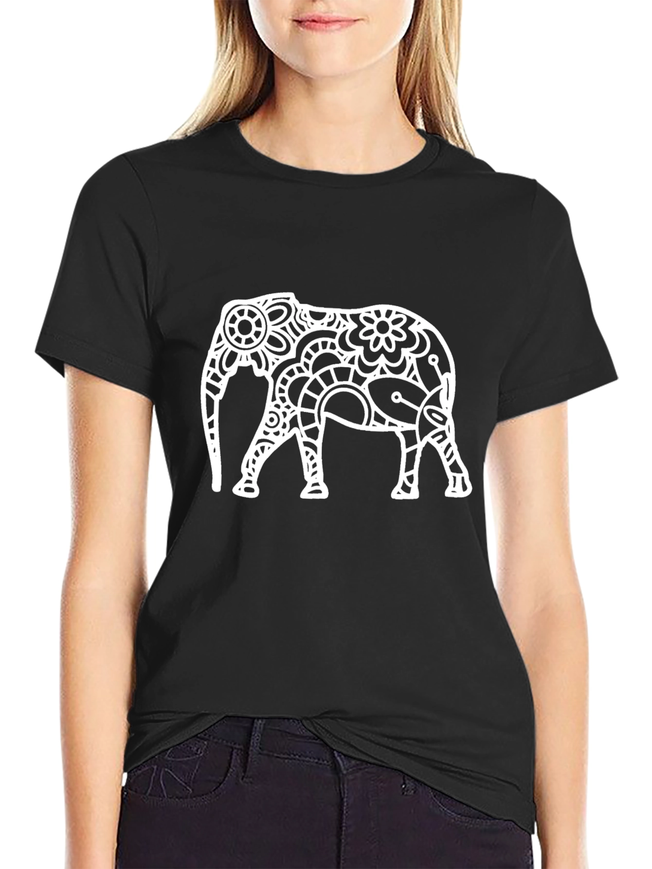 Black T-Shirt with White Elephant Design