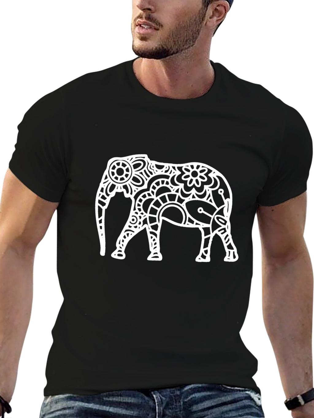 Black T-Shirt with White Elephant Design