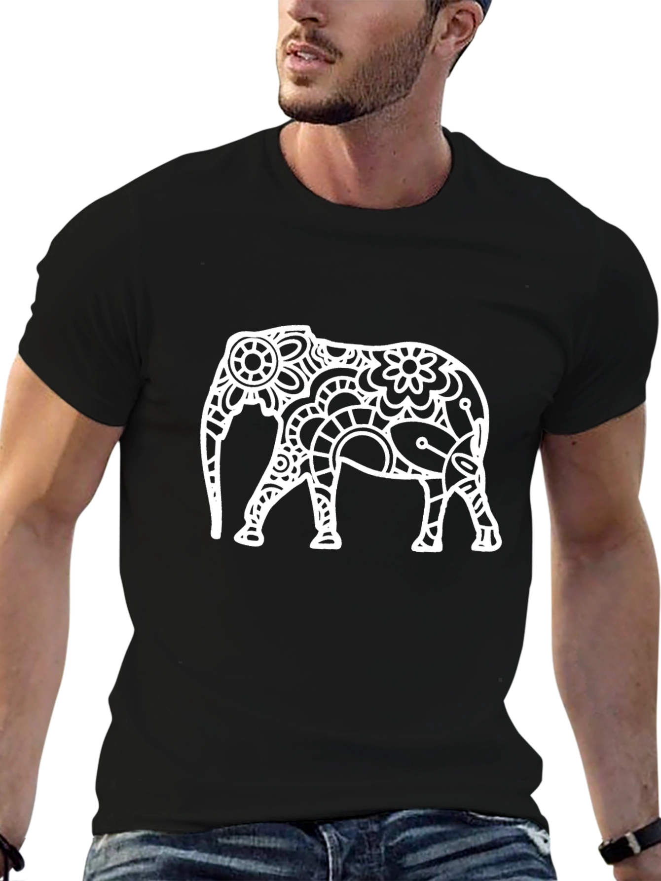 Black T-Shirt with White Elephant Design