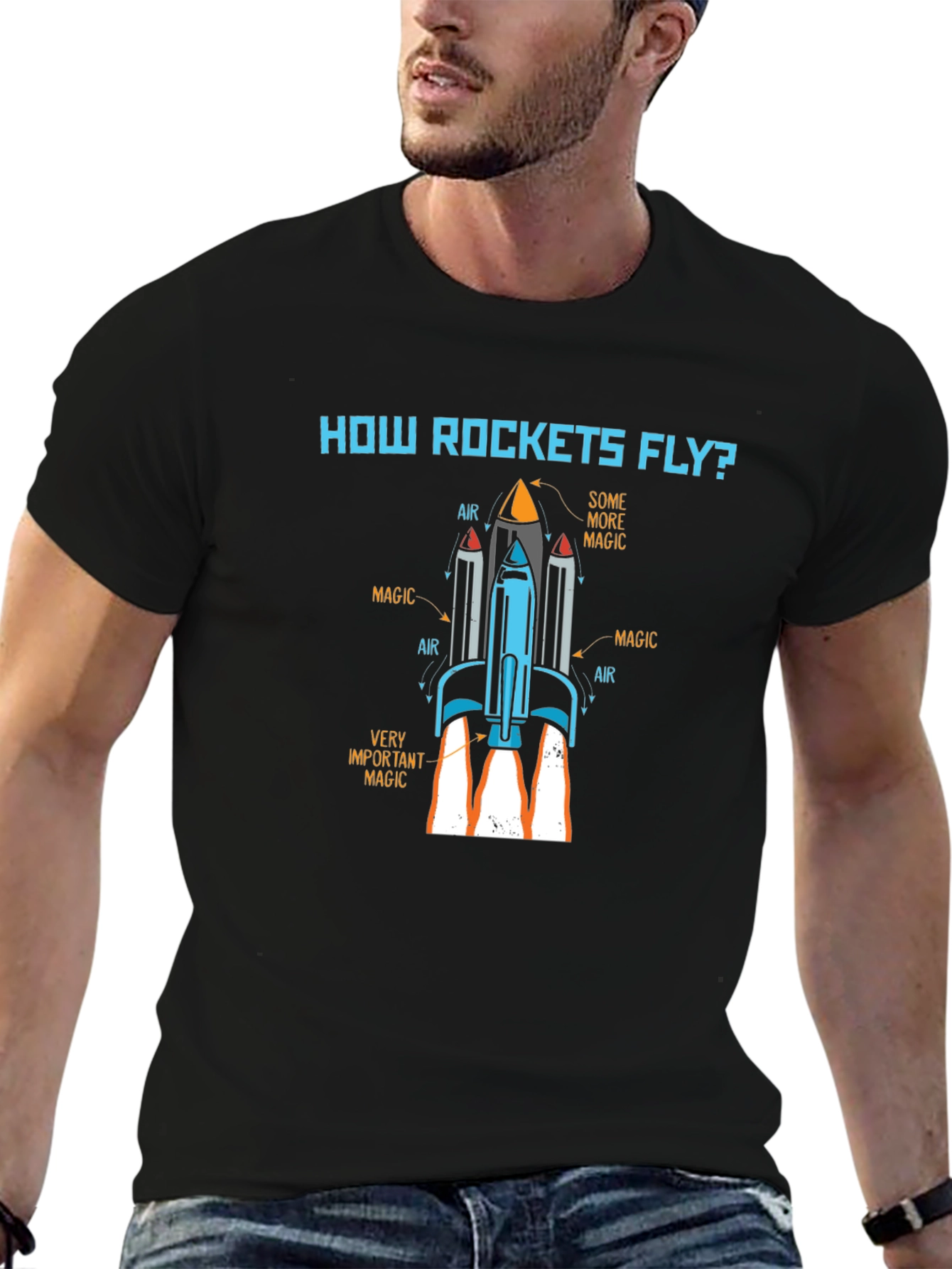 How Rockets Fly? Black Graphic Tee