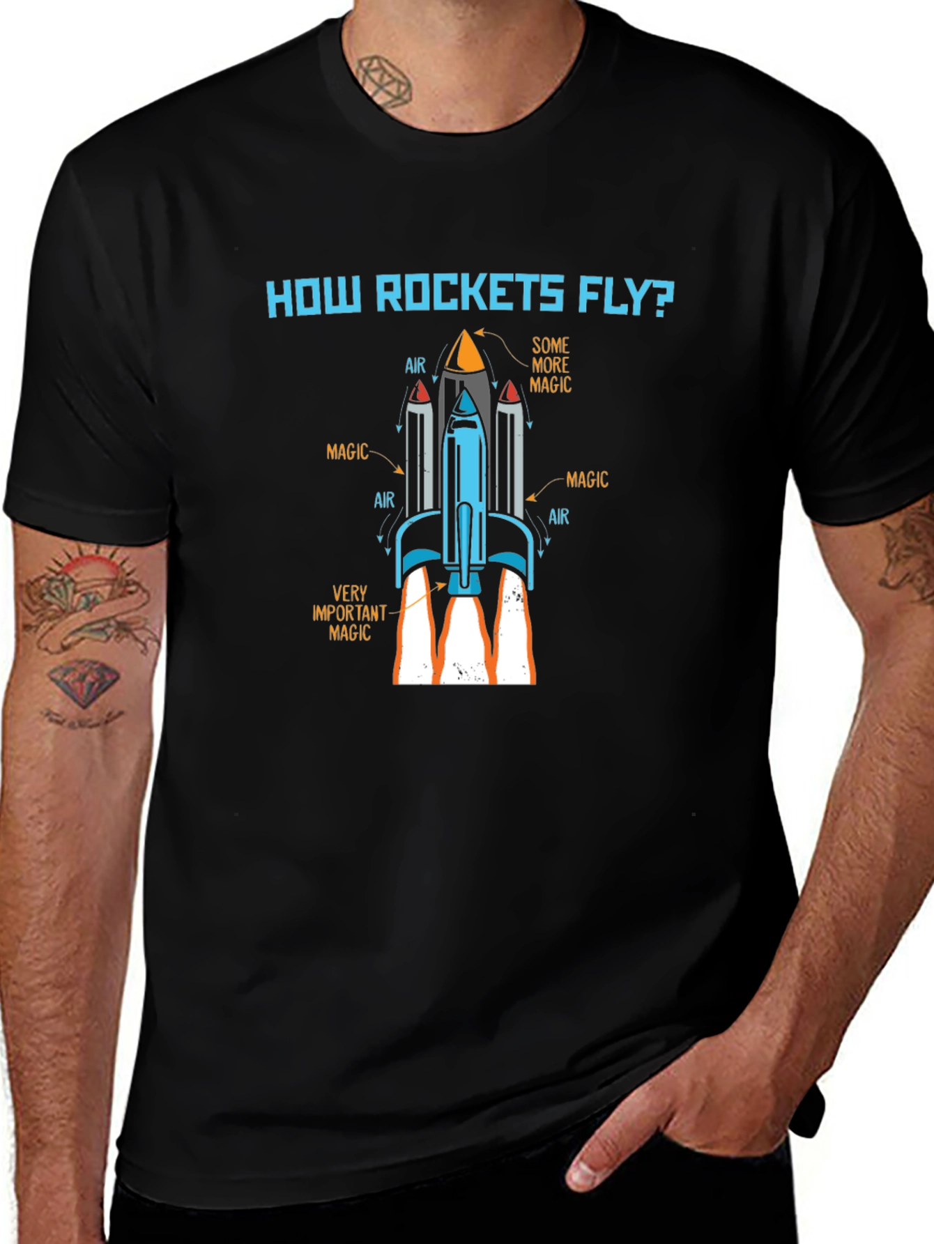How Rockets Fly? Black Graphic Tee