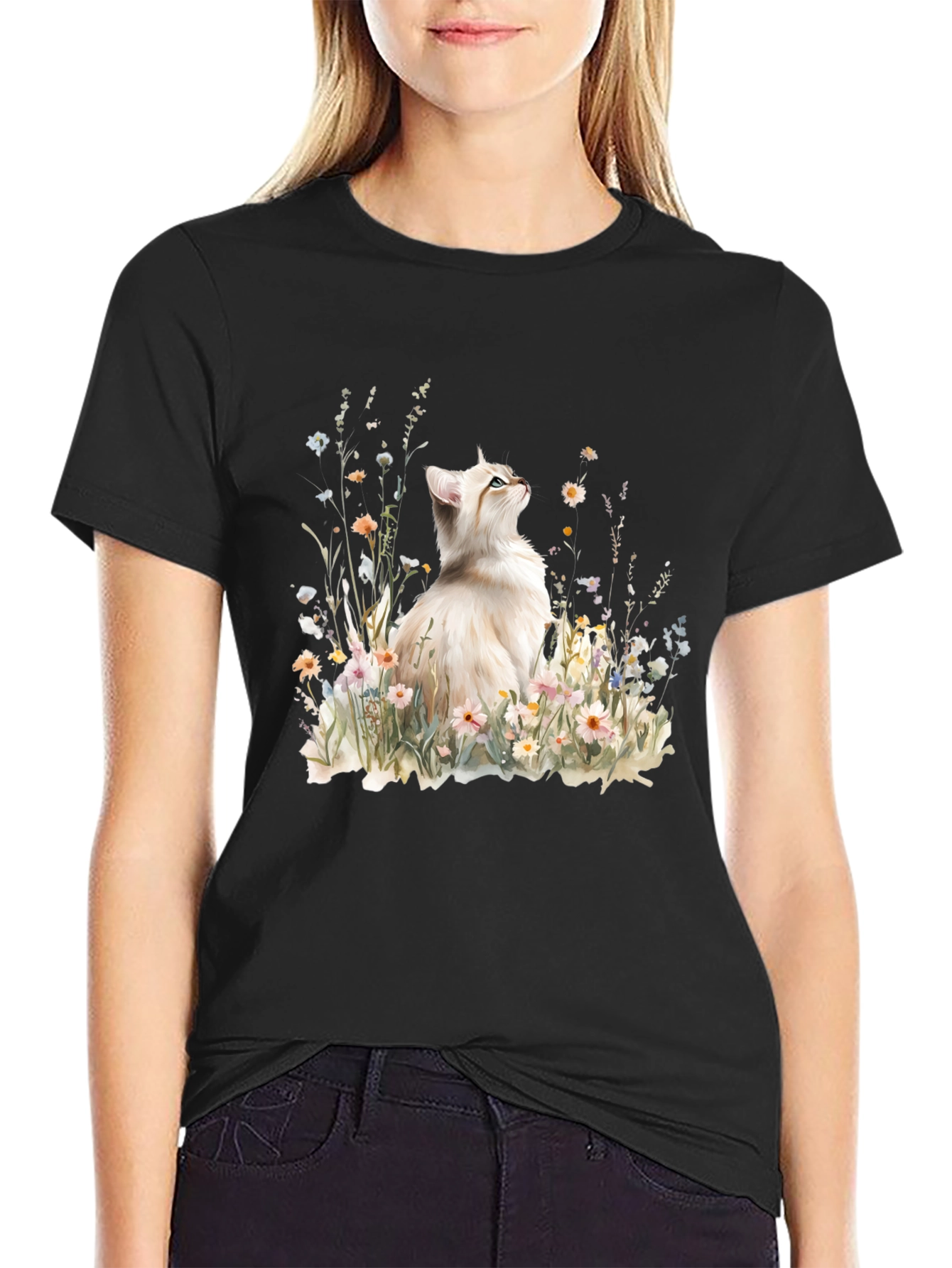 Cat & Flowers Graphic Tee - Soft Cotton Comfort