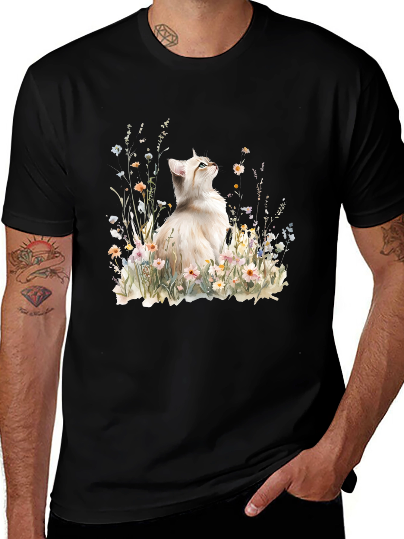 Cat & Flowers Graphic Tee - Soft Cotton Comfort