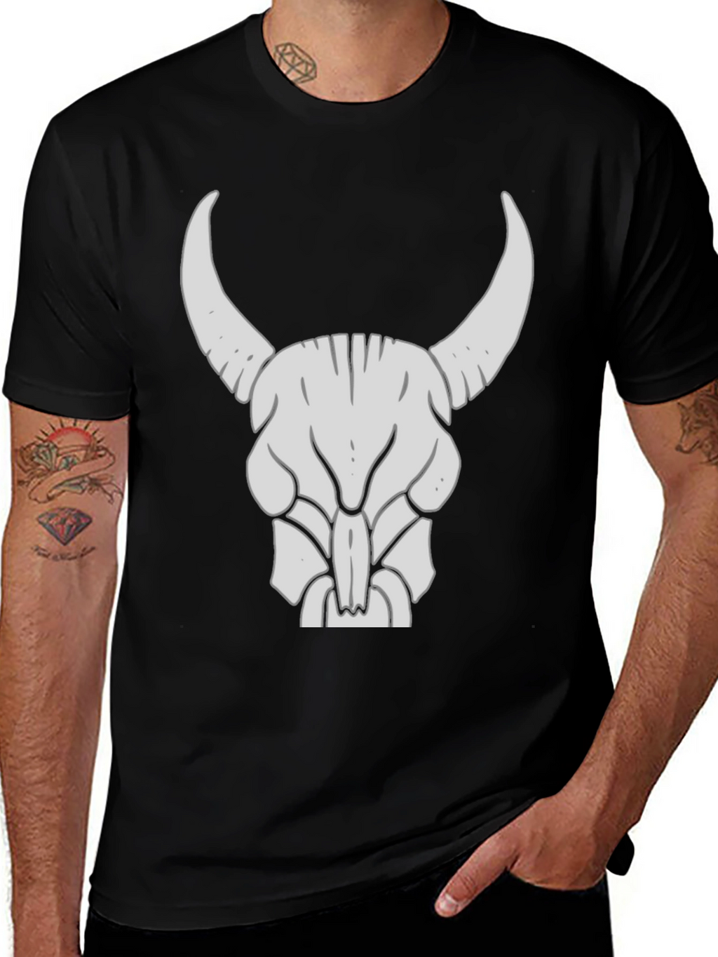Bull Skull Graphic Tee - Black Cotton Casual Shirt