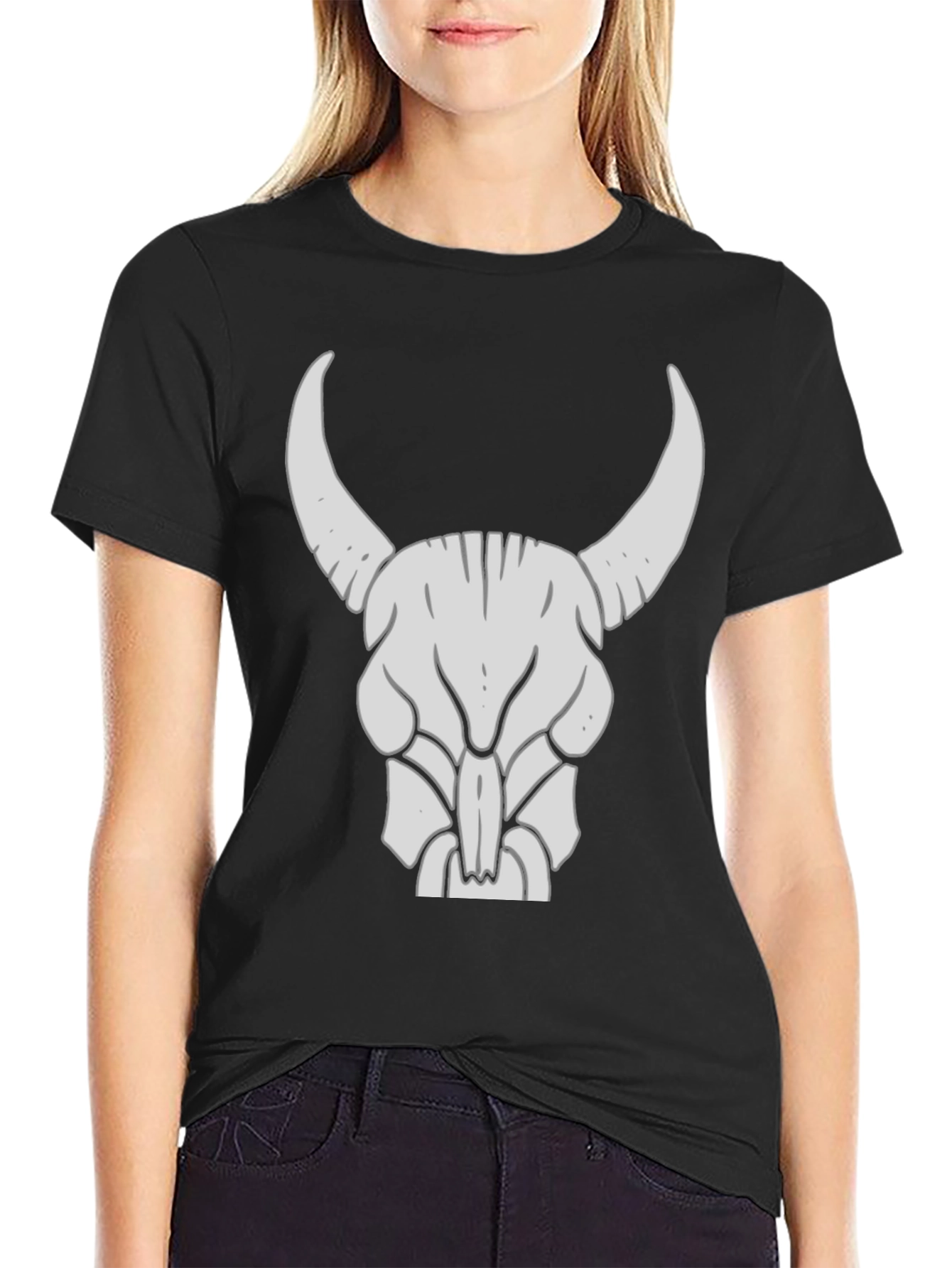 Bull Skull Graphic Tee - Black Cotton Casual Shirt