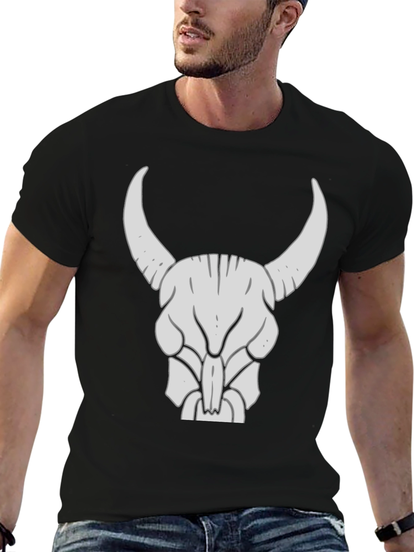 Bull Skull Graphic Tee - Black Cotton Casual Shirt