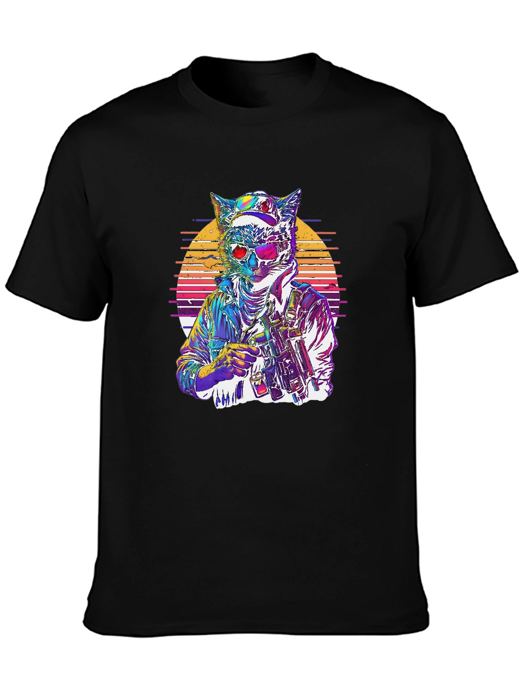Retro Cat Warrior Graphic Tee - Black