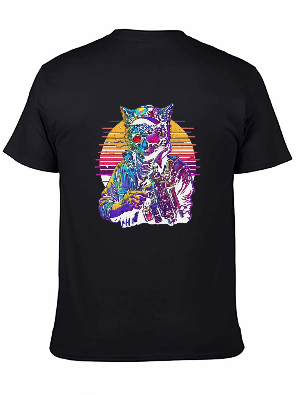 Retro Cat Warrior Graphic Tee - Black