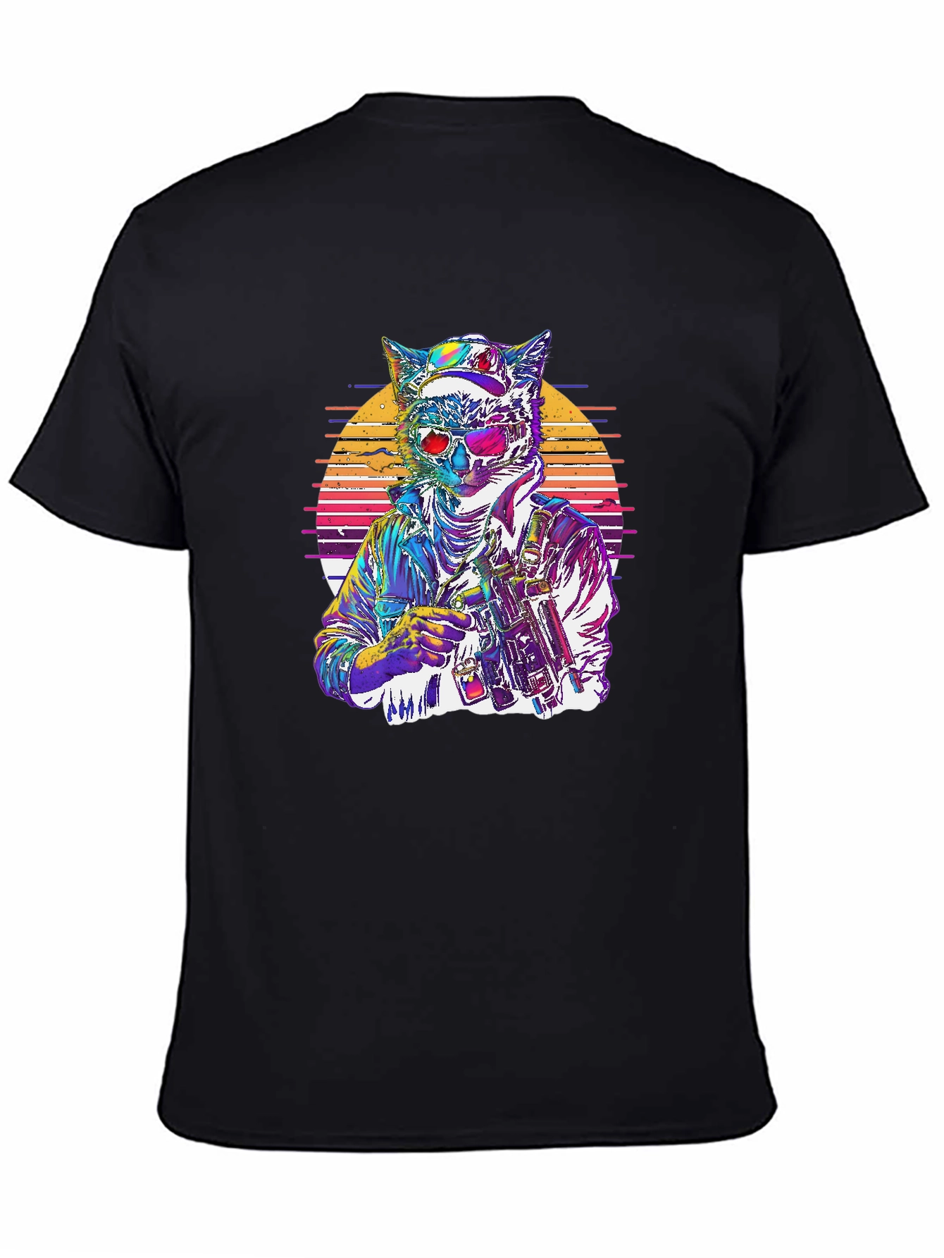 Retro Cat Warrior Graphic Tee - Black