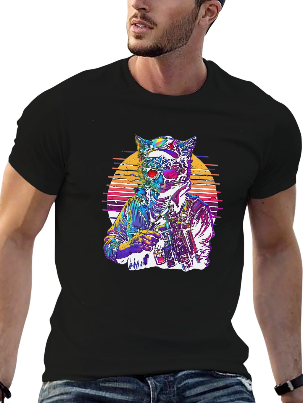 Retro Cat Warrior Graphic Tee - Black