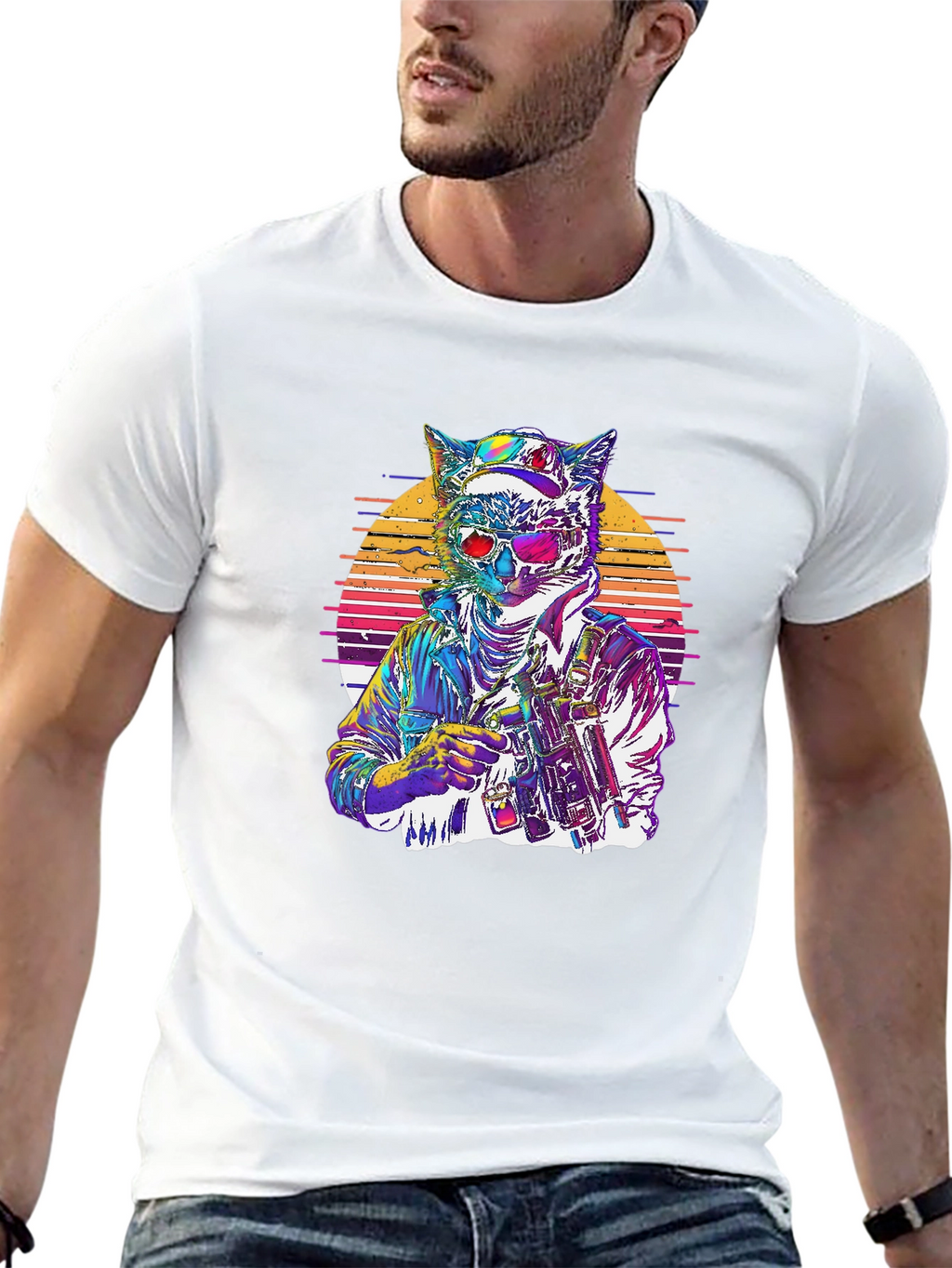 Retro Cat Warrior Graphic Tee - Black