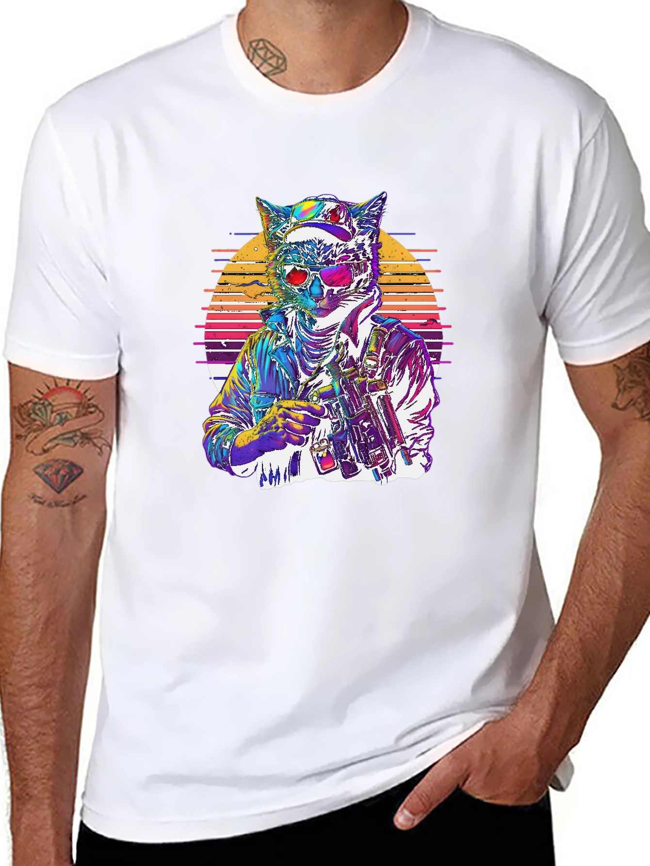 Retro Cat Warrior Graphic Tee - Black