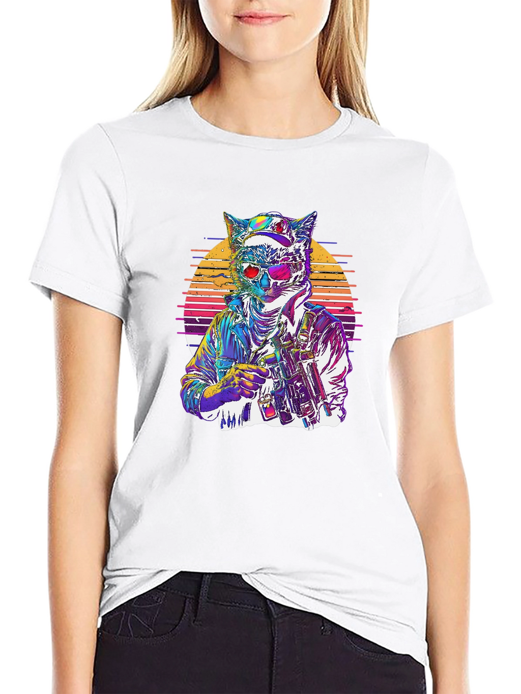 Retro Cat Warrior Graphic Tee - Black