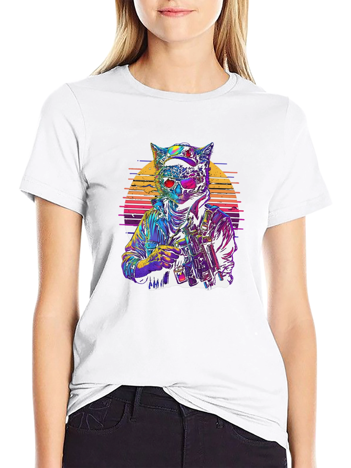 Retro Cat Warrior Graphic Tee - Black