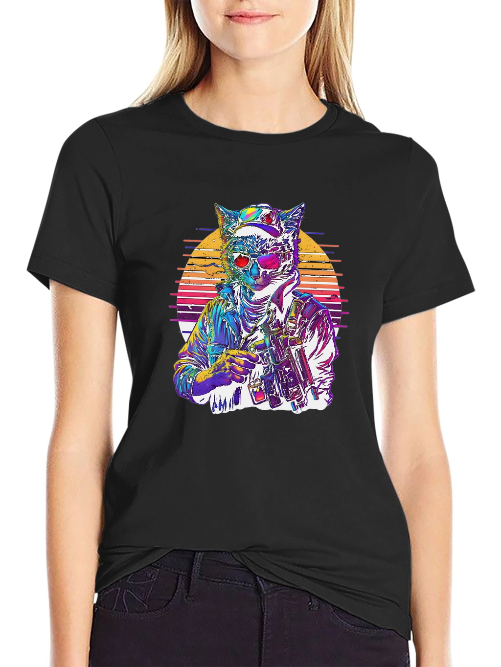 Retro Cat Warrior Graphic Tee - Black