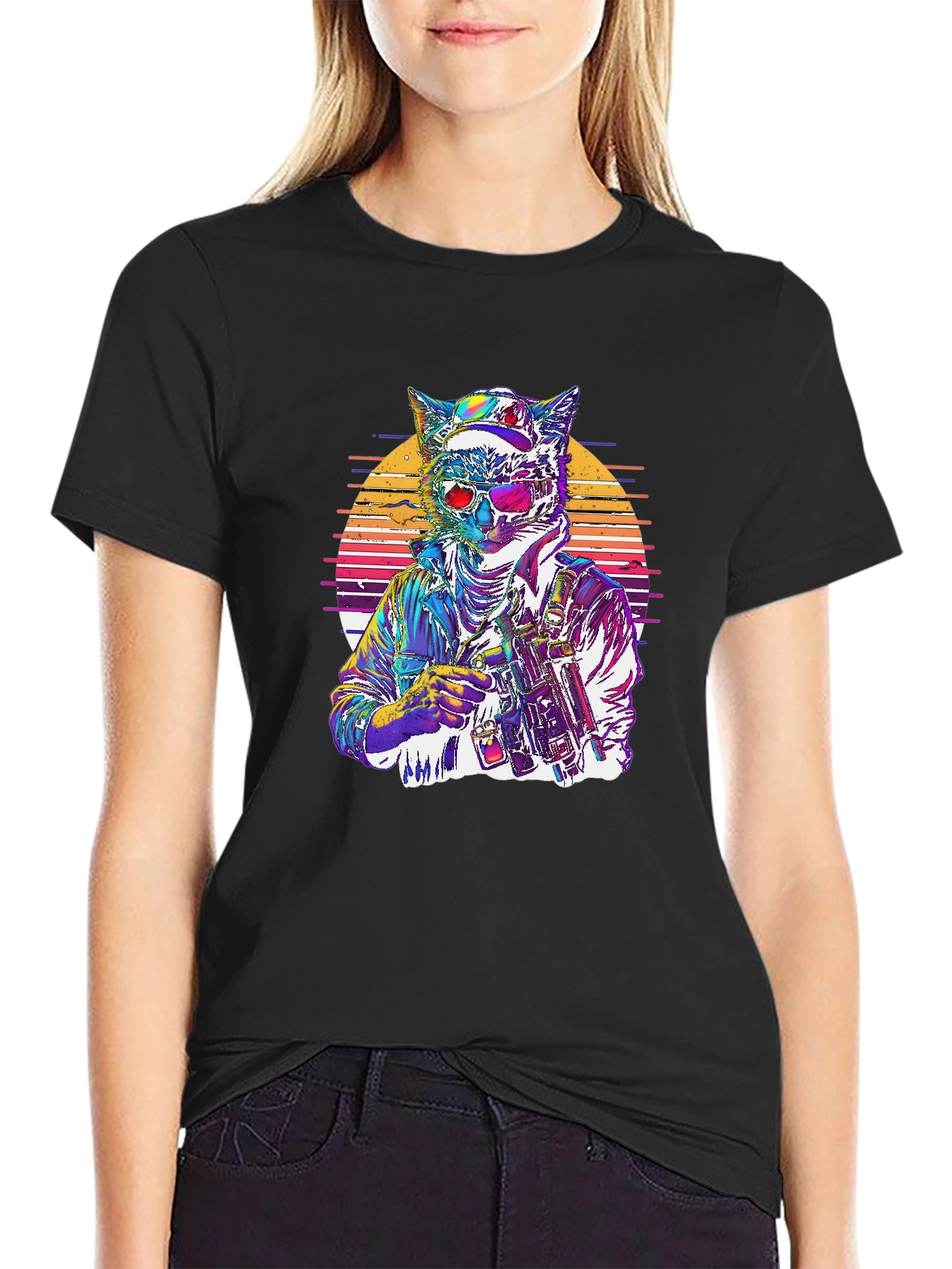 Retro Cat Warrior Graphic Tee - Black