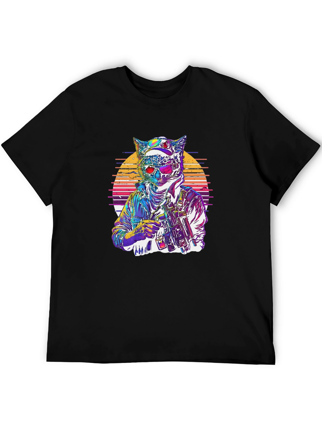 Retro Cat Warrior Graphic Tee - Black