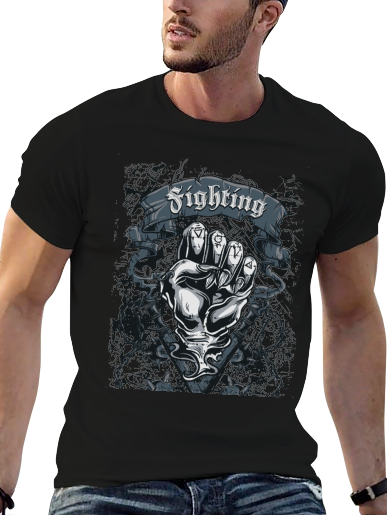 Fighting Fist Graphic Tee - Black Cotton T-Shirt