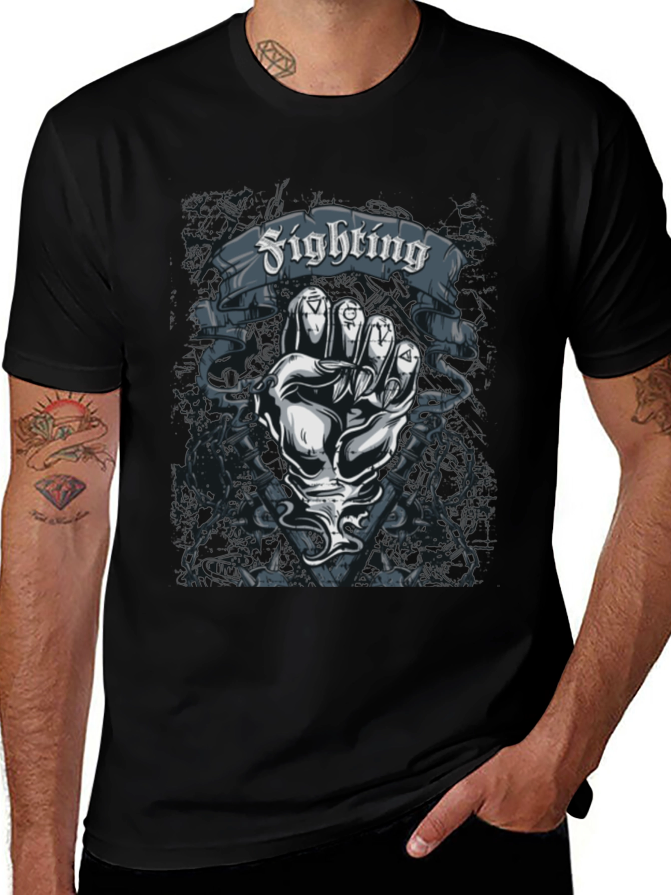 Fighting Fist Graphic Tee - Black Cotton T-Shirt