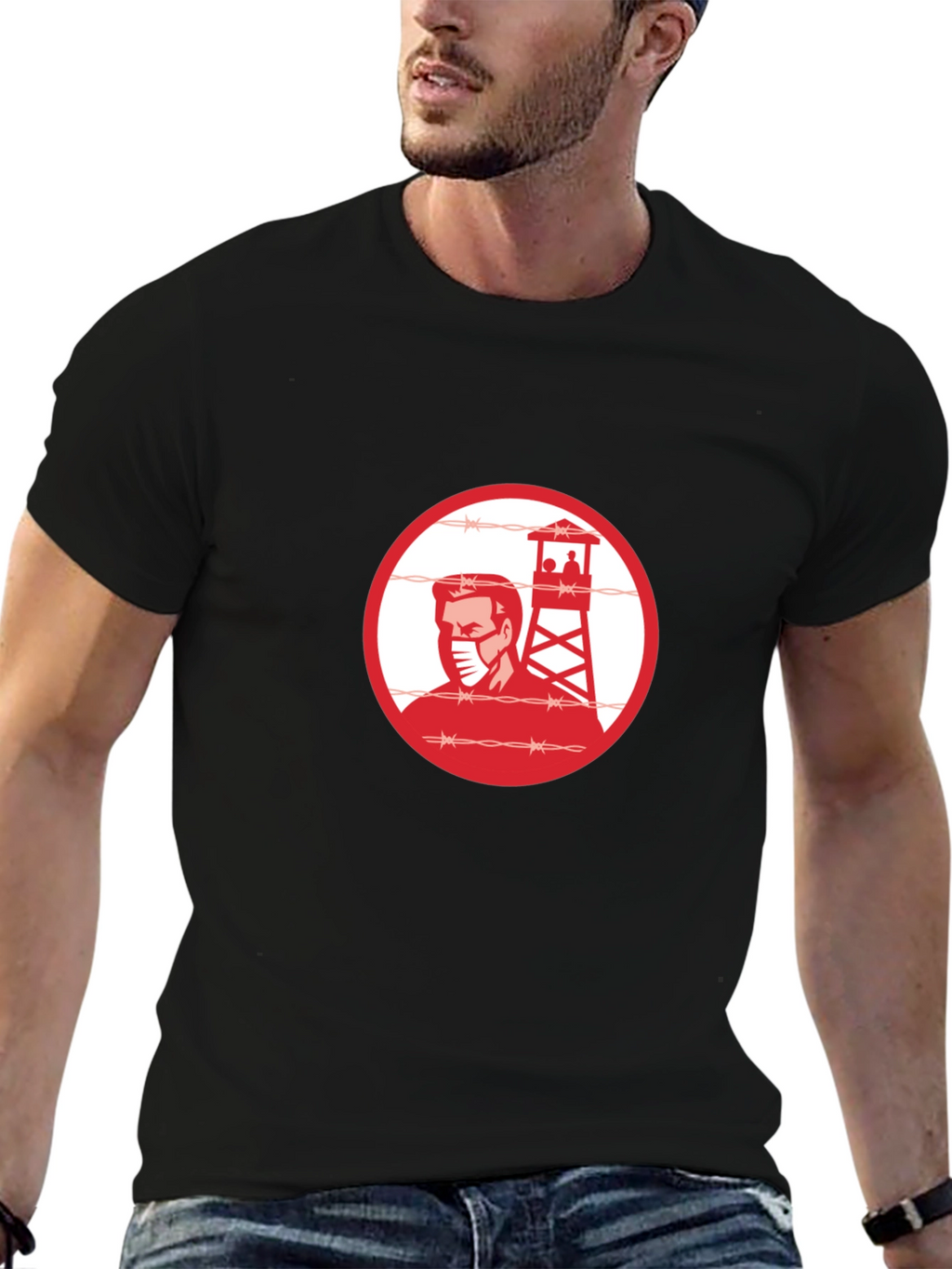 Black T-Shirt with Guard Tower Graphic