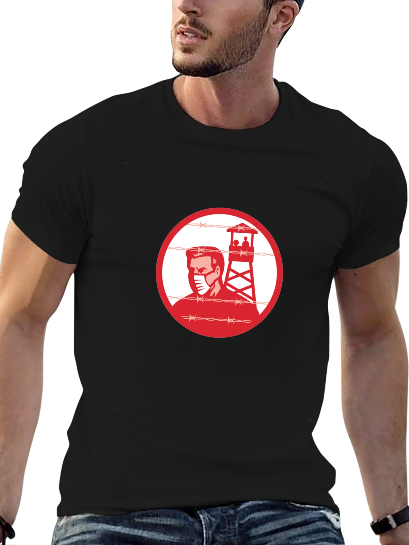 Black T-Shirt with Guard Tower Graphic