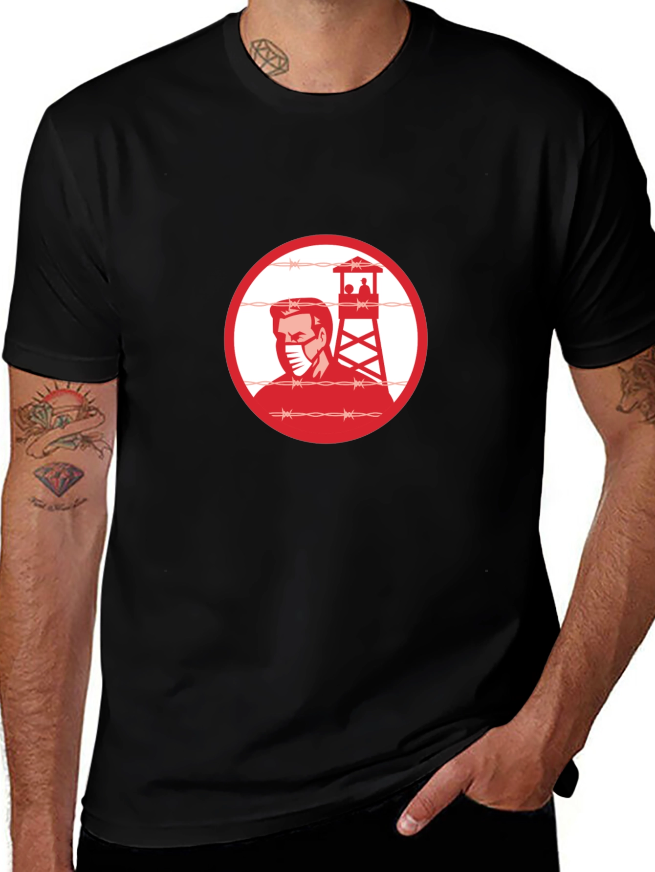 Black T-Shirt with Guard Tower Graphic