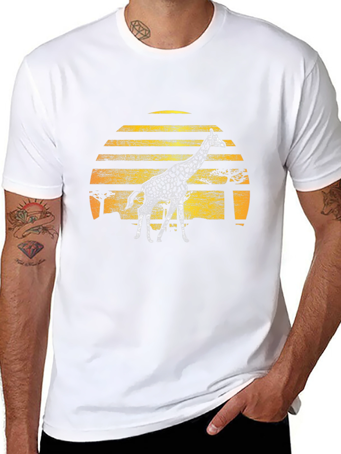 Giraffe Sunset Graphic Tee - Black Cotton T-Shirt