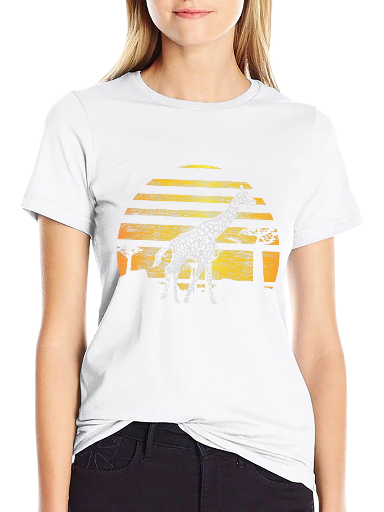 Giraffe Sunset Graphic Tee - Black Cotton T-Shirt