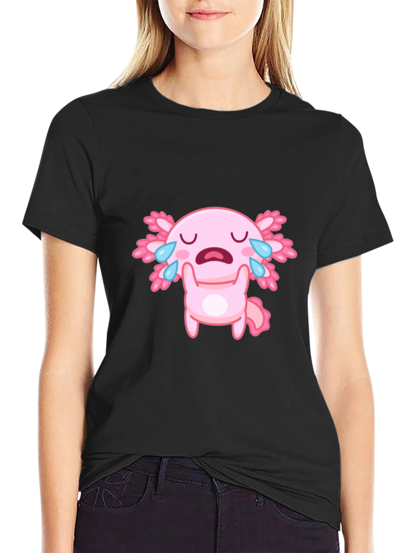Crying Axolotl Black T-Shirt - Cute Cartoon Graphic Tee