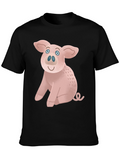 Cute Pig Graphic Tee - Black Cotton T-Shirt