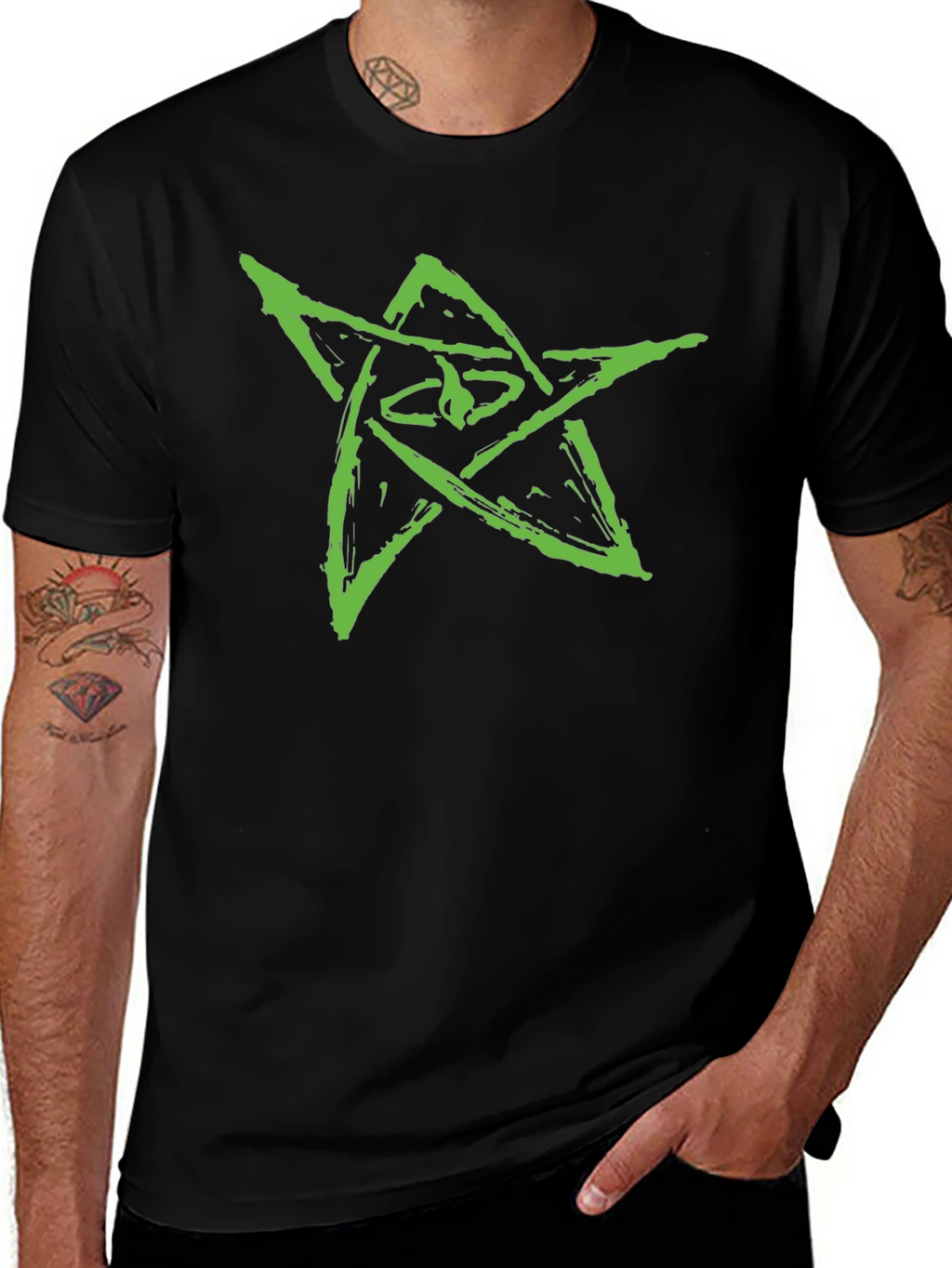 Mens Black Graphic Tee - Green Star Design
