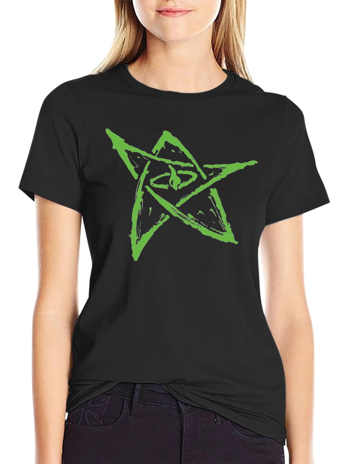 Mens Black Graphic Tee - Green Star Design