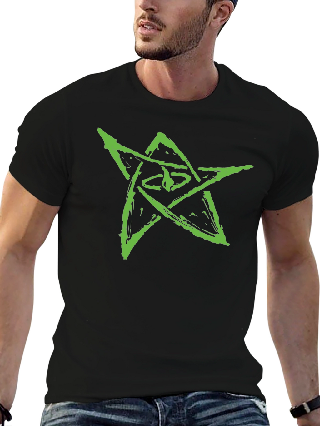 Mens Black Graphic Tee - Green Star Design