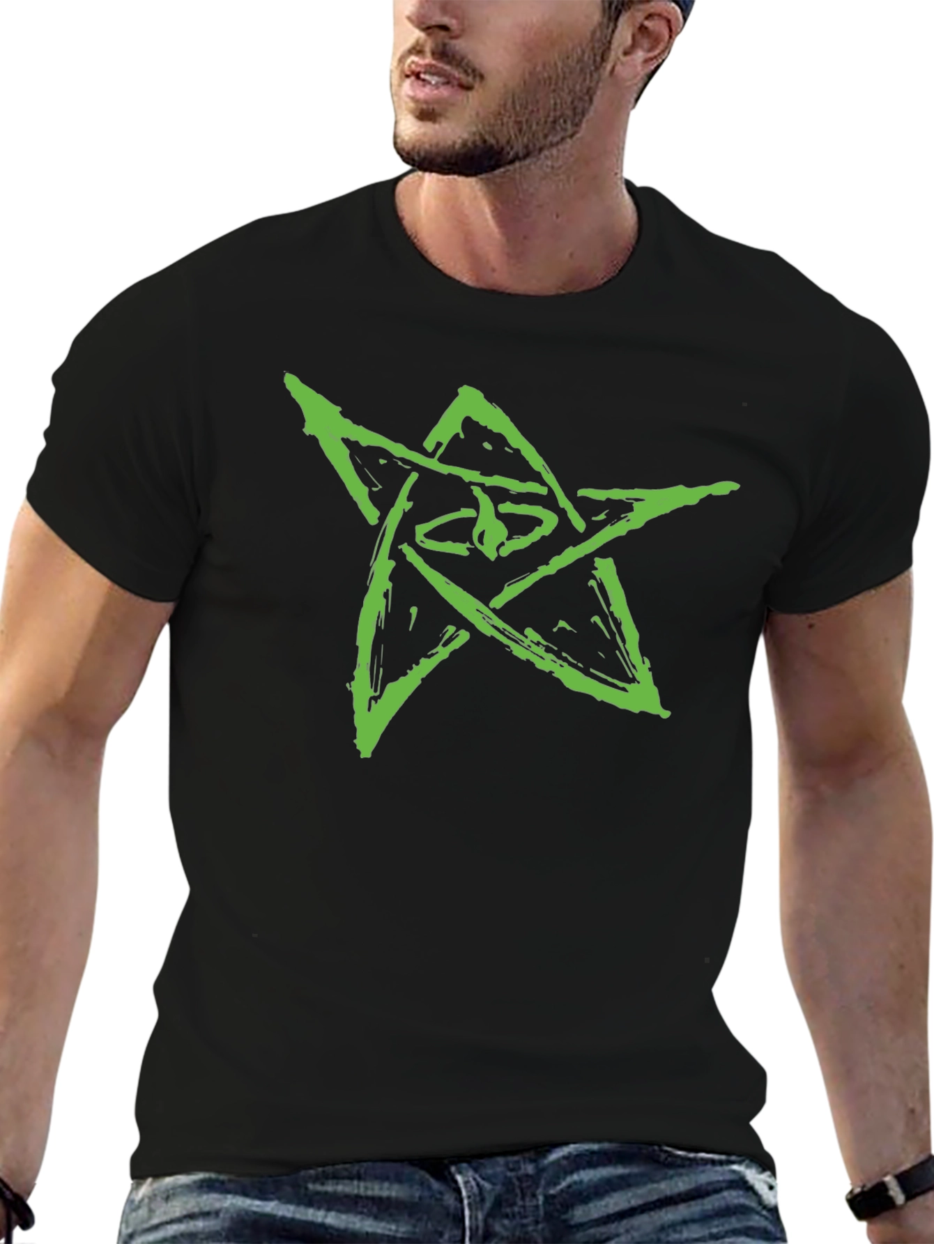 Mens Black Graphic Tee - Green Star Design