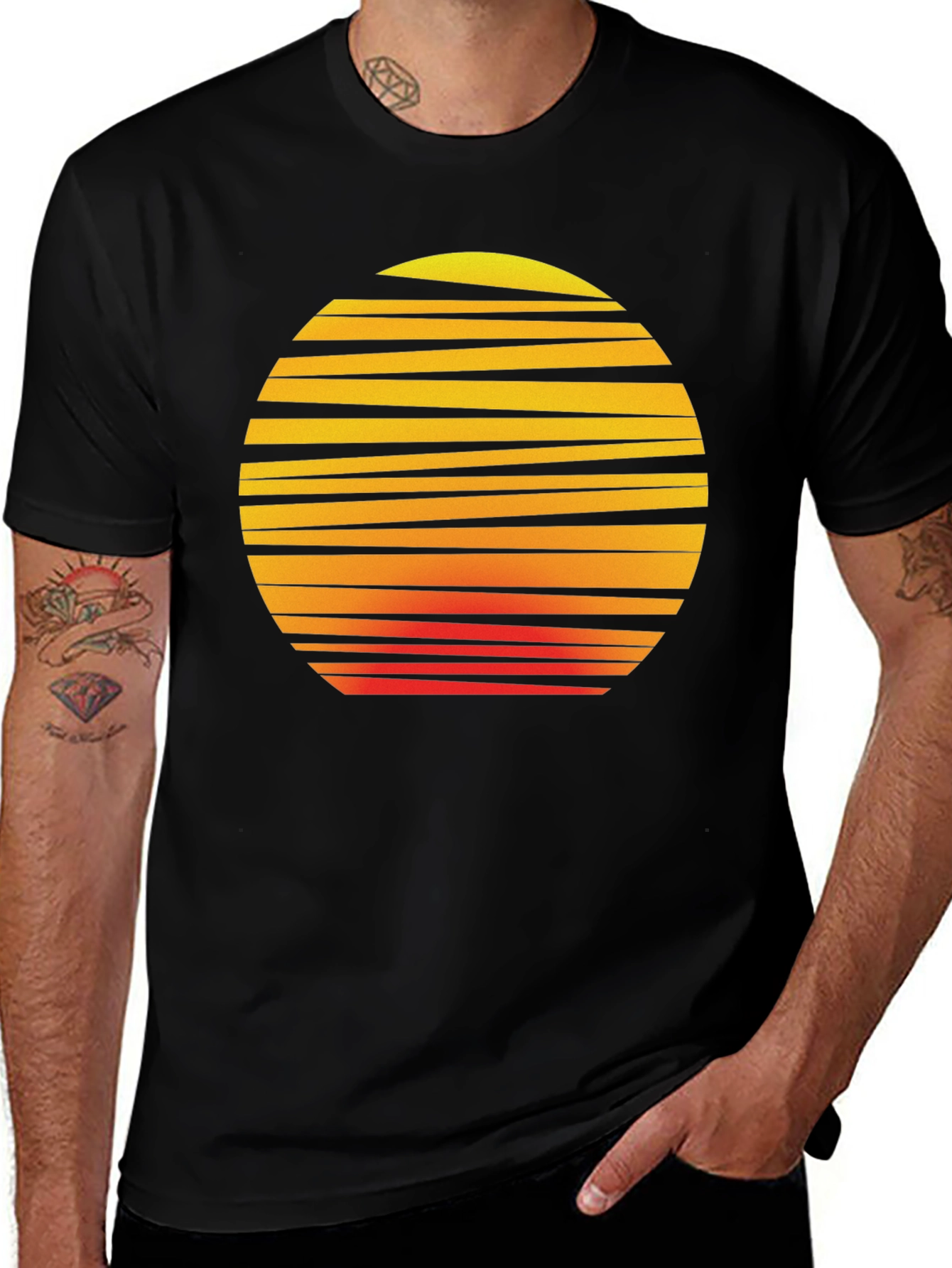 Retro Sunset Graphic Tee - Black Cotton T-Shirt