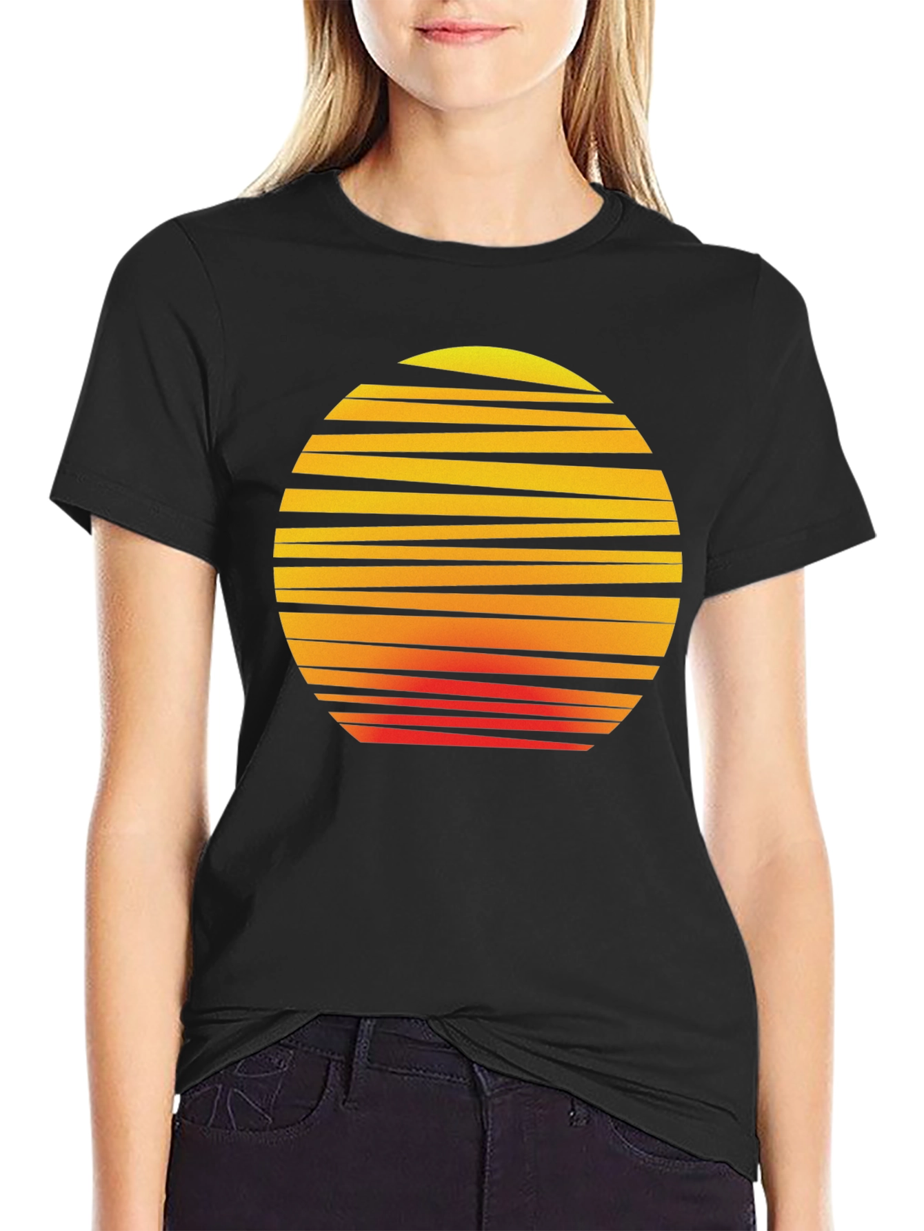 Retro Sunset Graphic Tee - Black Cotton T-Shirt