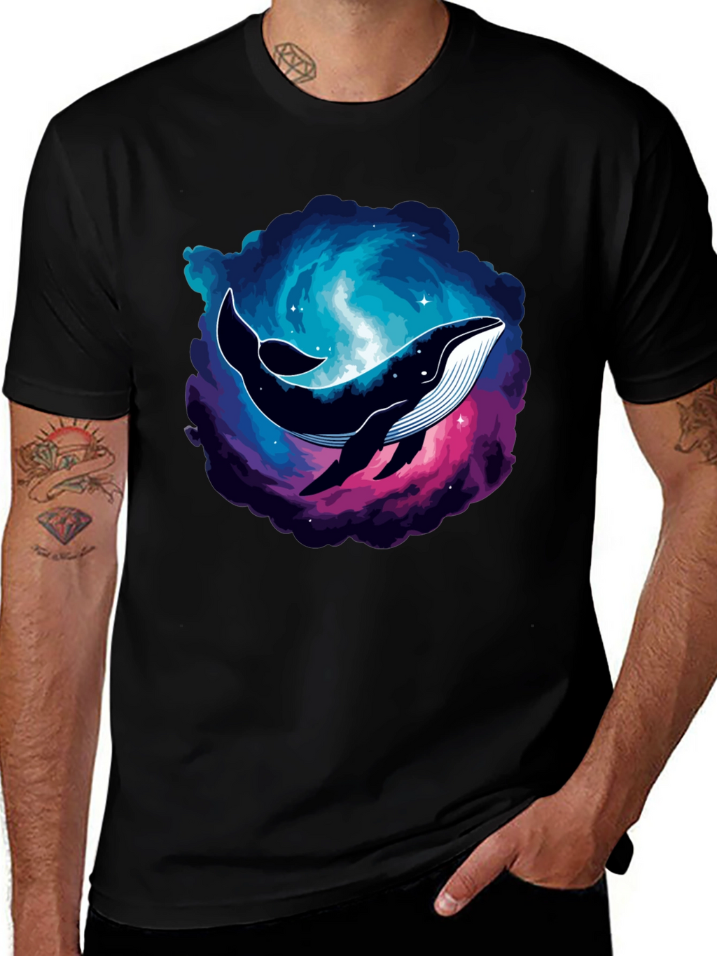 Cosmic Whale Graphic Tee - Black Cotton T-Shirt