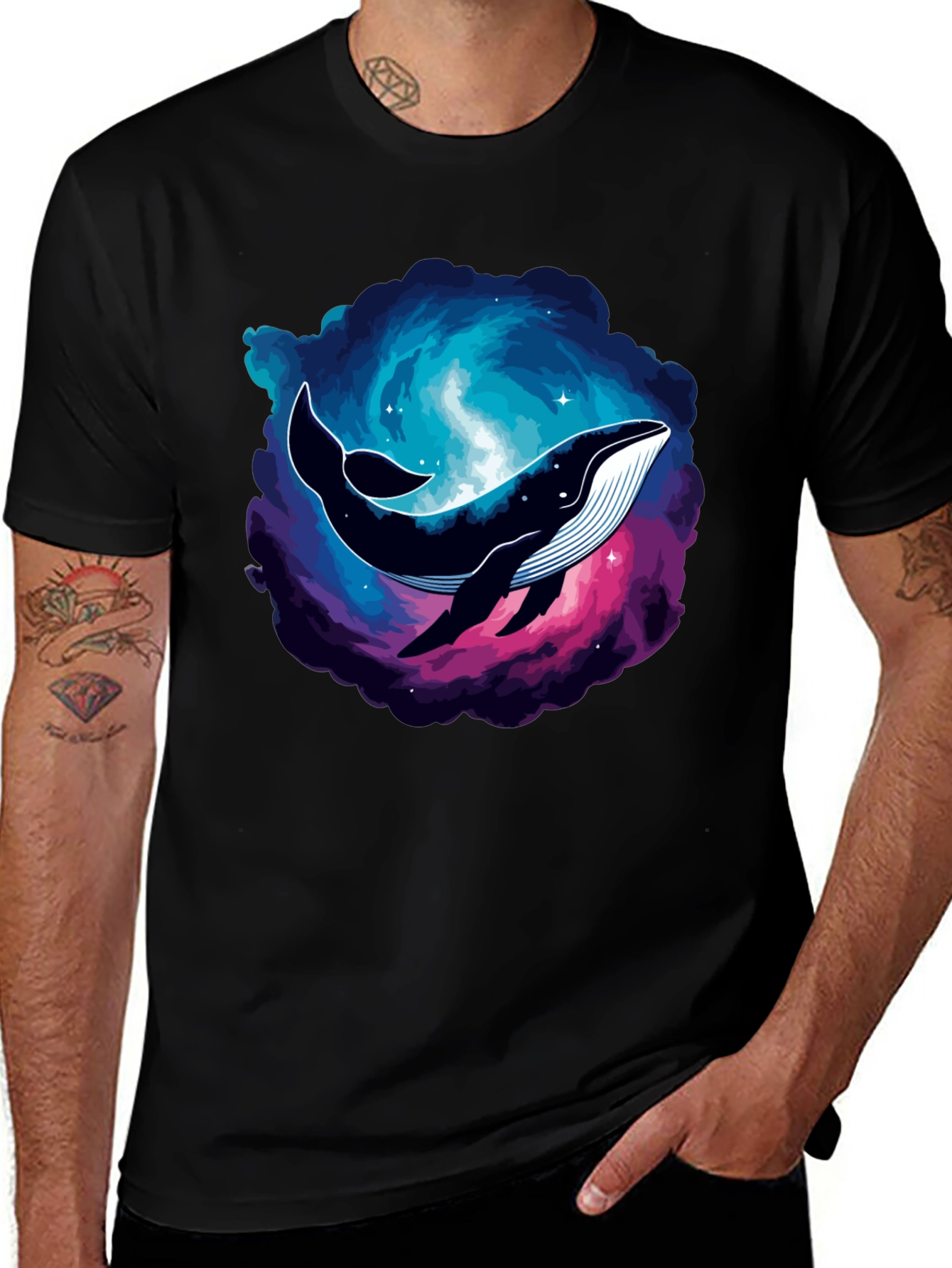 Cosmic Whale Graphic Tee - Black Cotton T-Shirt