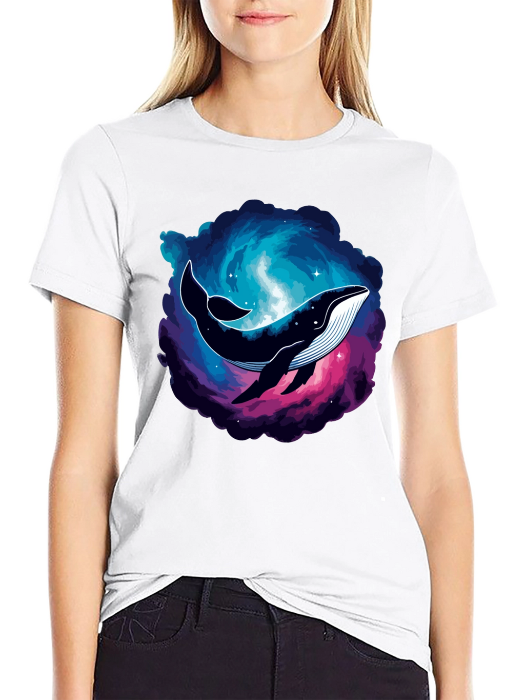 Cosmic Whale Graphic Tee - Black Cotton T-Shirt