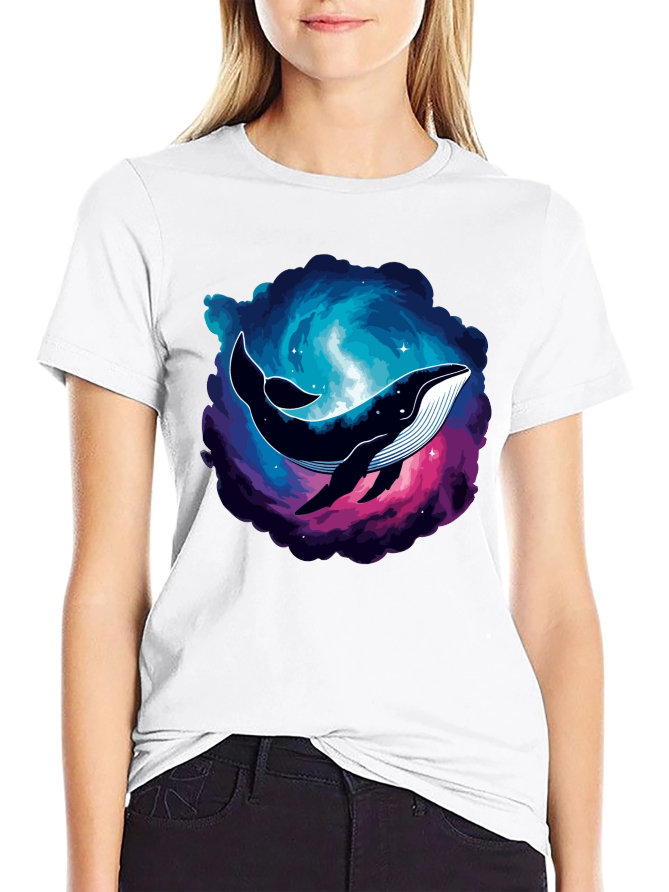 Cosmic Whale Graphic Tee - Black Cotton T-Shirt