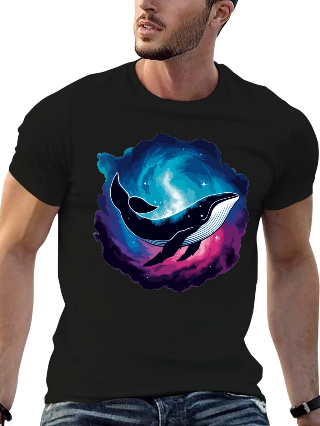 Cosmic Whale Graphic Tee - Black Cotton T-Shirt