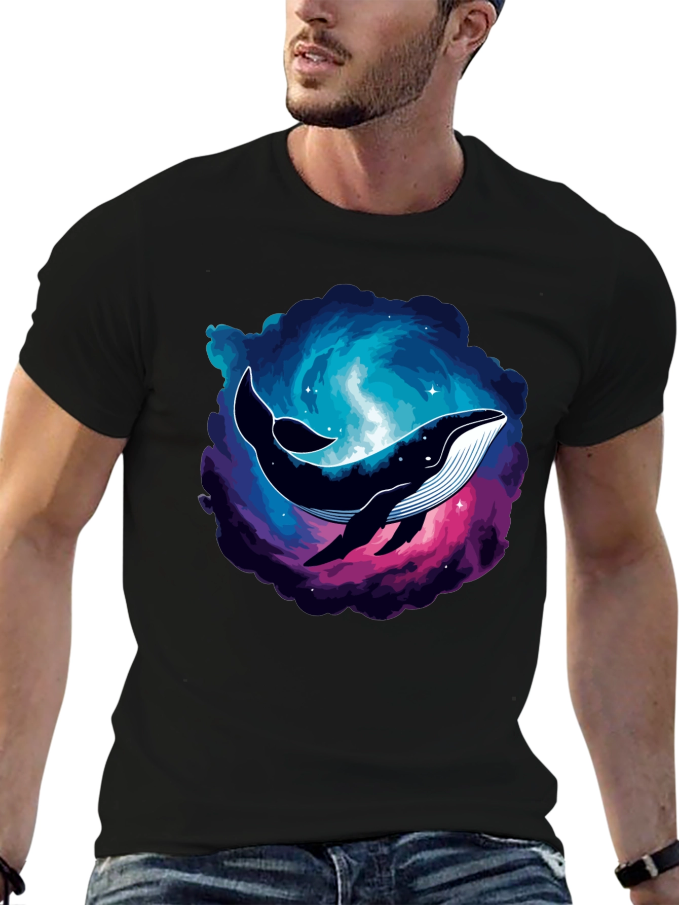 Cosmic Whale Graphic Tee - Black Cotton T-Shirt