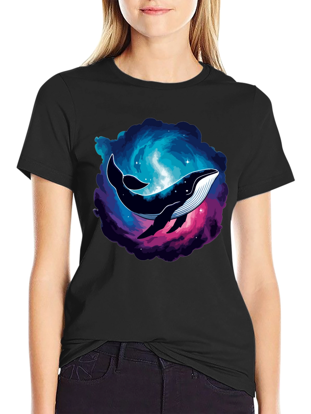 Cosmic Whale Graphic Tee - Black Cotton T-Shirt