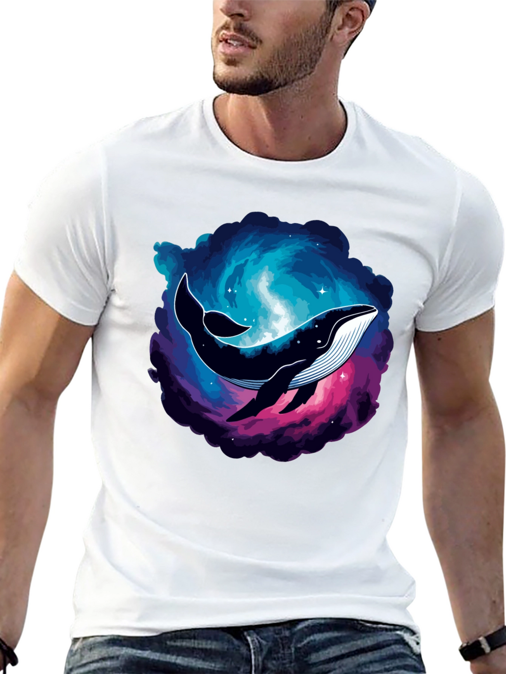 Cosmic Whale Graphic Tee - Black Cotton T-Shirt