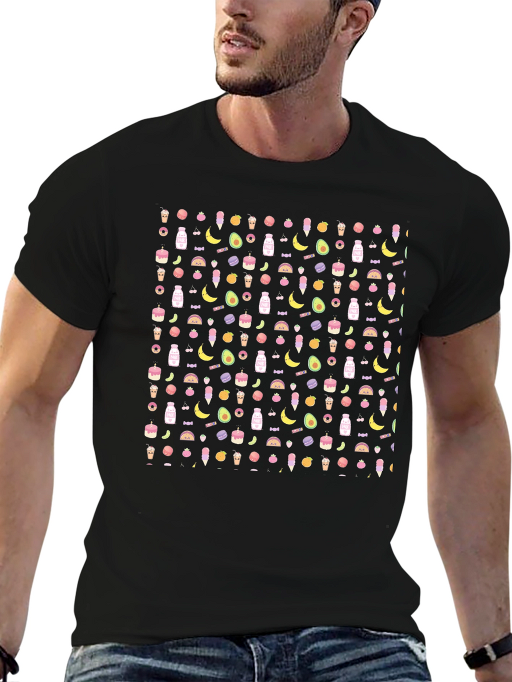 Novelty Food Pattern Black T-Shirt